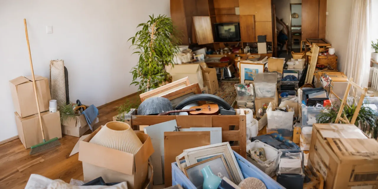 Wohnzimmer mit Kartons und Möbeln vor der Räumung